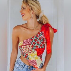 Floral Patchwork One-Shoulder Top